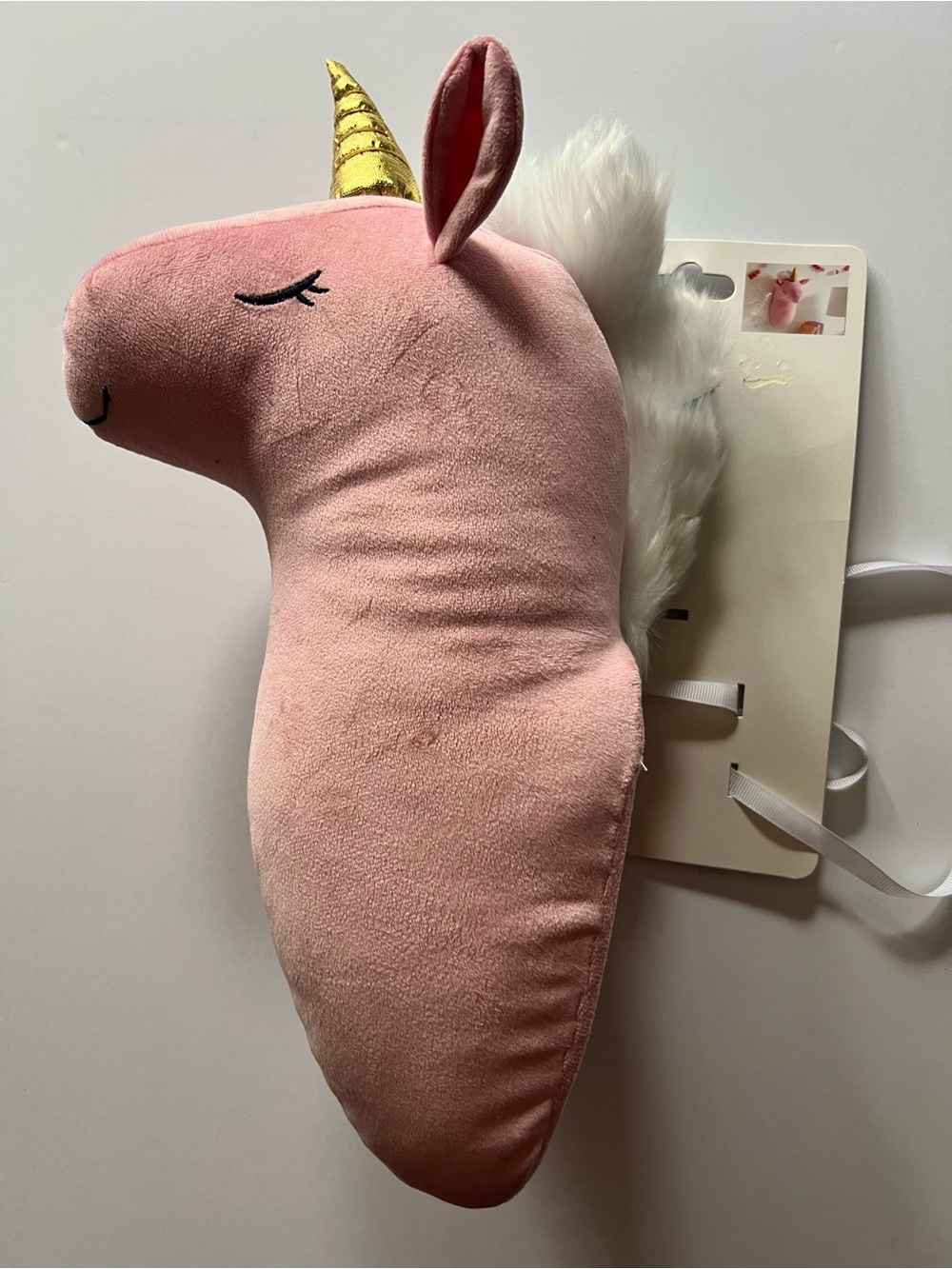 The Big One Kids Plush Pink Unicorn Head with Gold Horn Mount Wall Decor